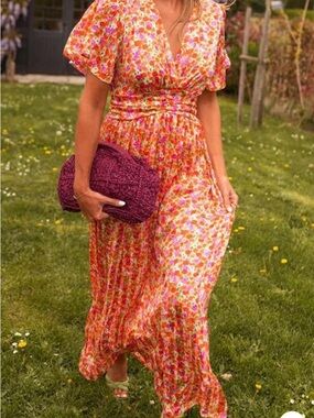 Floral V-Neck Maxi Dress in Orange Pink